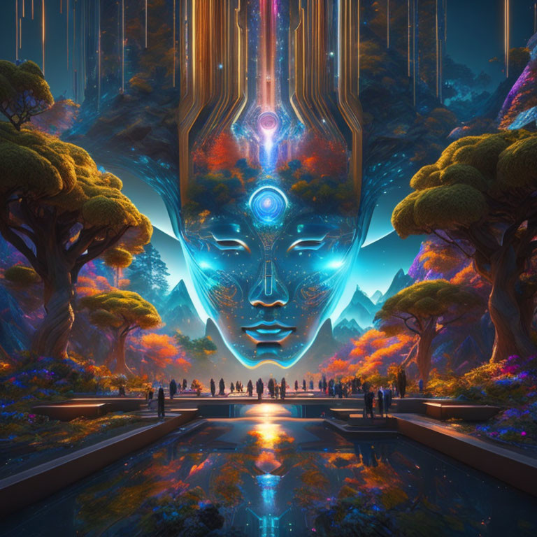 Futuristic holographic head in vibrant landscape with glowing symbols