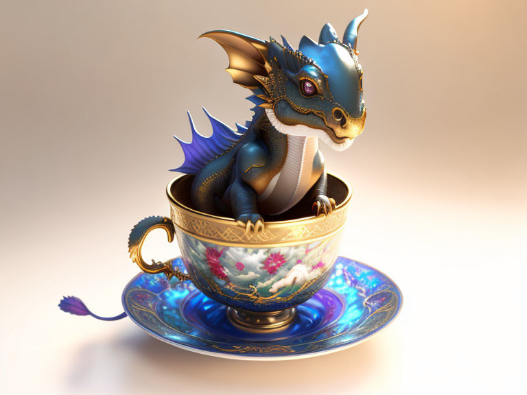 Blue baby dragon with golden horns and wings in ornate teacup - Illustration