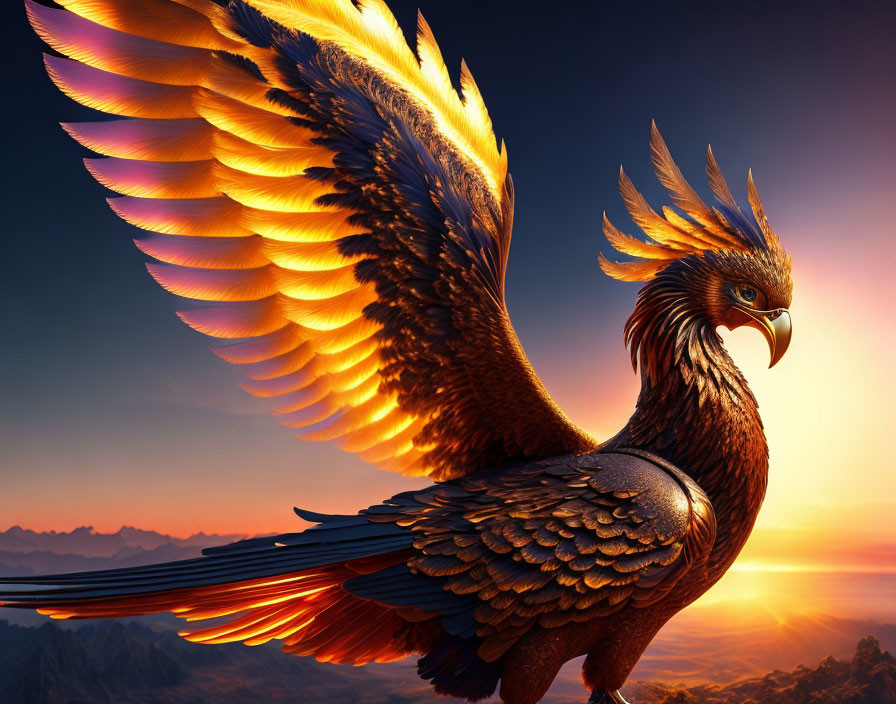 Majestic phoenix soaring in fiery sunset scene