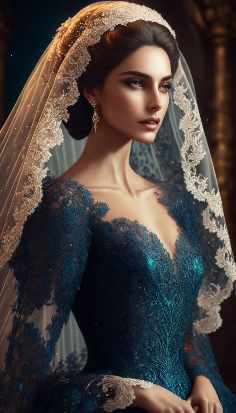 Detailed teal lace gown bride with scalloped-edged veil poses elegantly