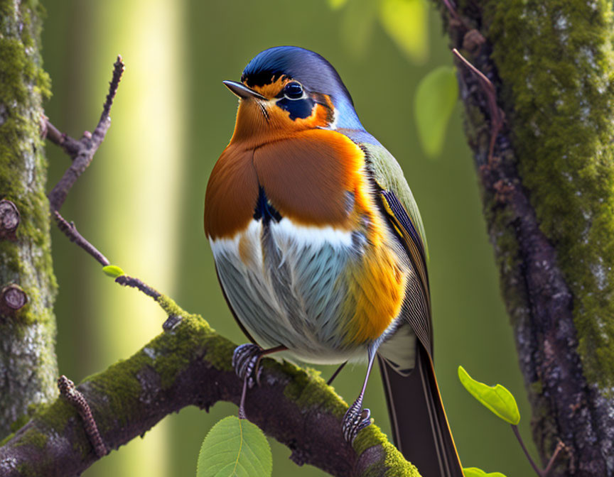 Colorful Bird with Blue, Orange, and White Plumage on Tree Branch