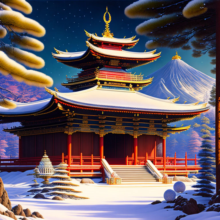 Traditional Japanese pagoda with Mount Fuji and snow-covered pine trees at night