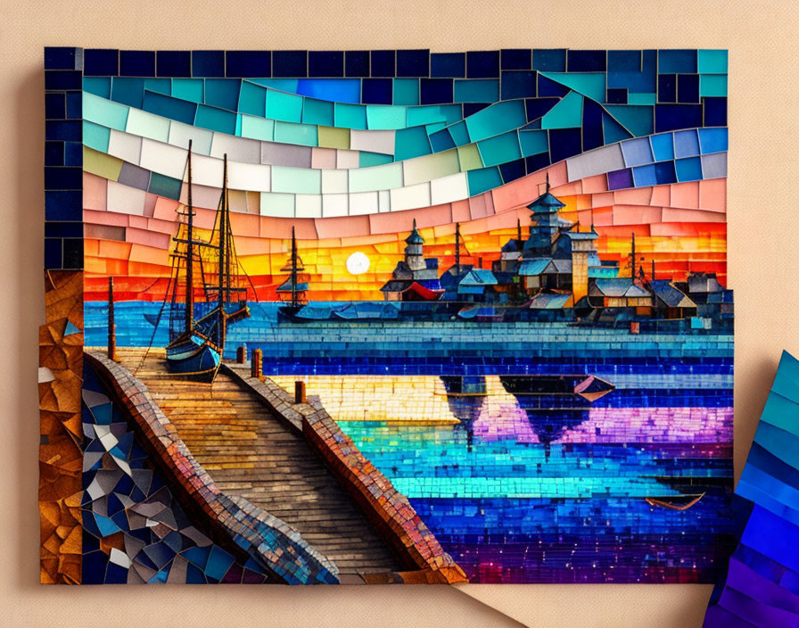 Vibrant sunset mosaic art with sailing ships and dock on display