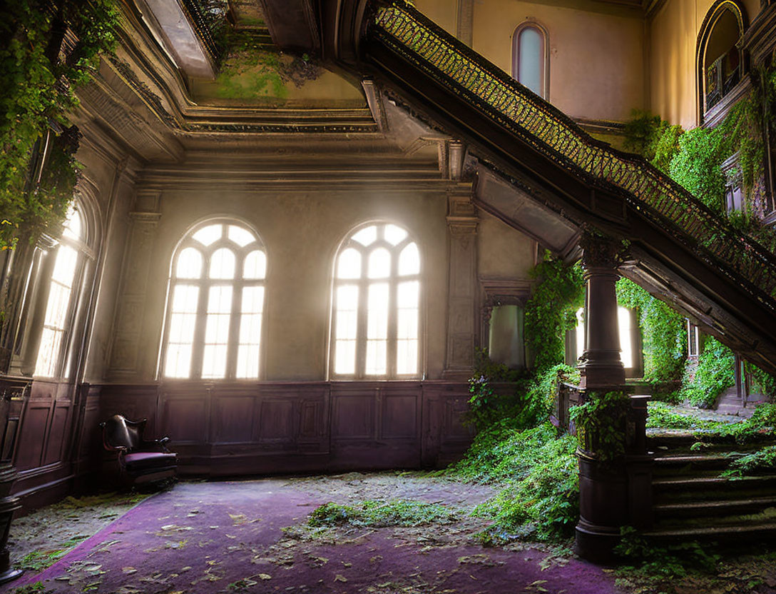 Abandoned grand room with arched windows, greenery, and grand staircase