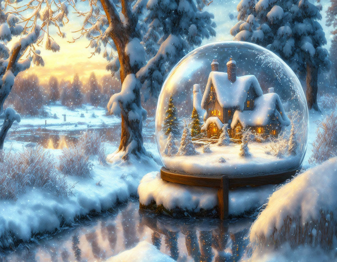 Snow Globe with Cozy Cottage on Snowy Fence in Wintry Sunset Landscape