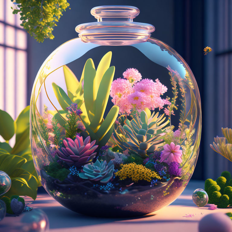 Colorful Terrarium with Succulents and Pink Blooms on Window Sill