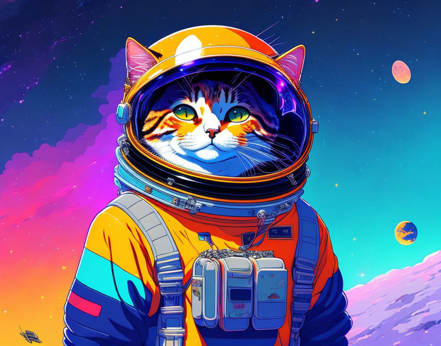 Colorful Cat Astronaut in Cosmic Space Scene