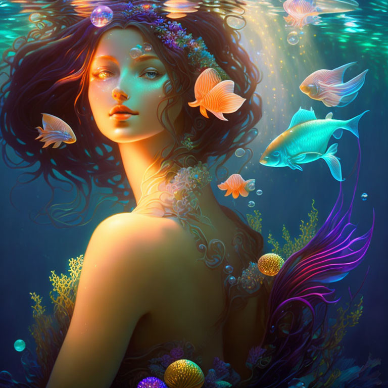 Colorful Mermaid with Fish and Corals in Deep Sea Blues and Vibrant Flora Hues