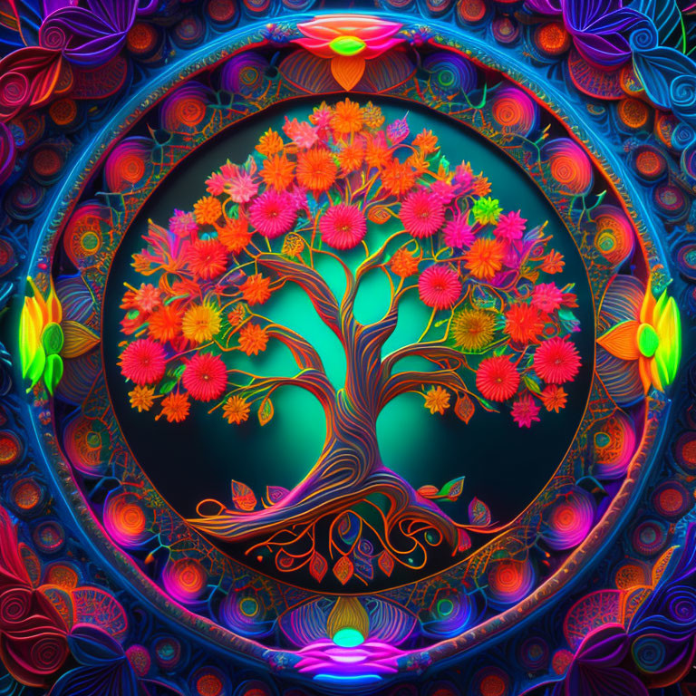 Colorful Flower Tree Digital Artwork on Dark Background with Neon Circular Borders