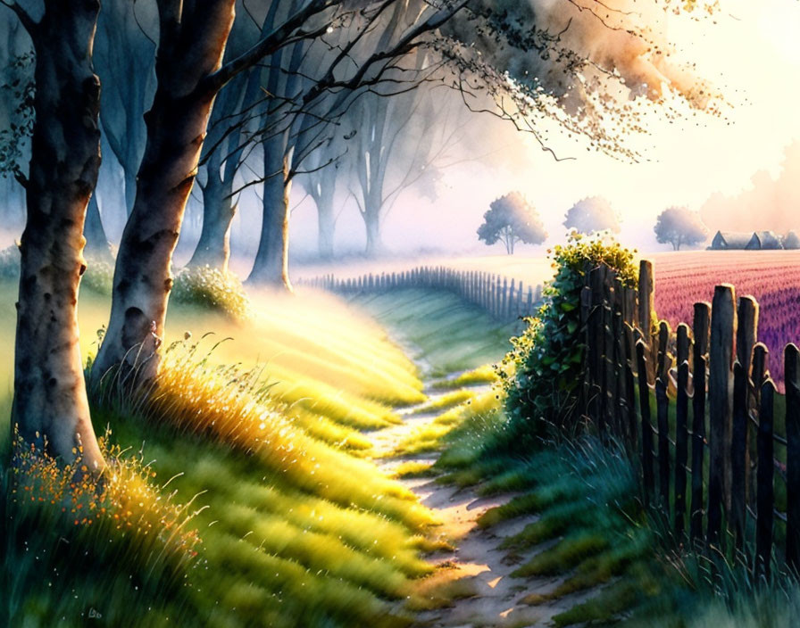 Sunlit watercolor landscape: path, wooden fence, sunrise, purple flowers