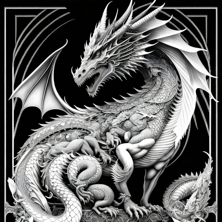 Detailed monochrome illustration of majestic dragon with scales and wings in geometric setting