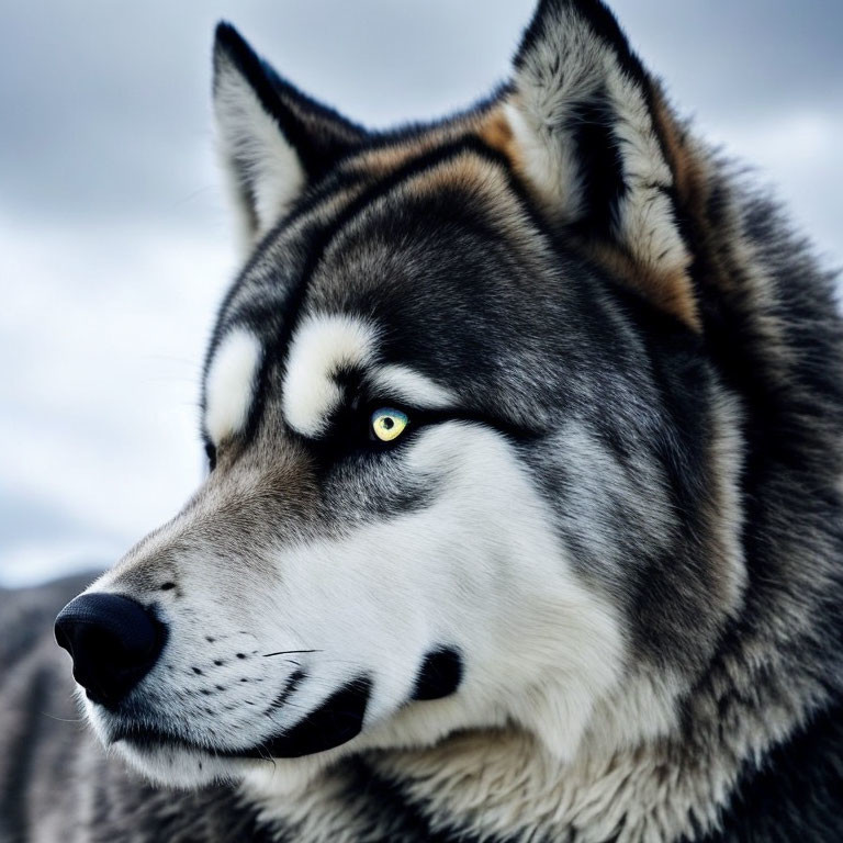 Siberian Husky with piercing blue eyes and thick fur coat