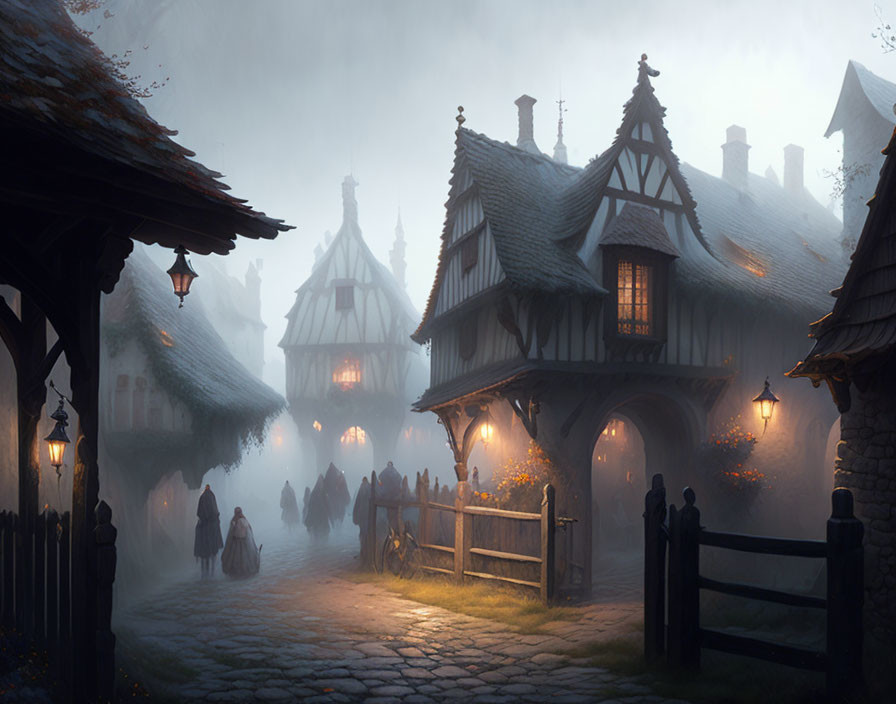 Medieval village with cobblestone paths and lit lanterns