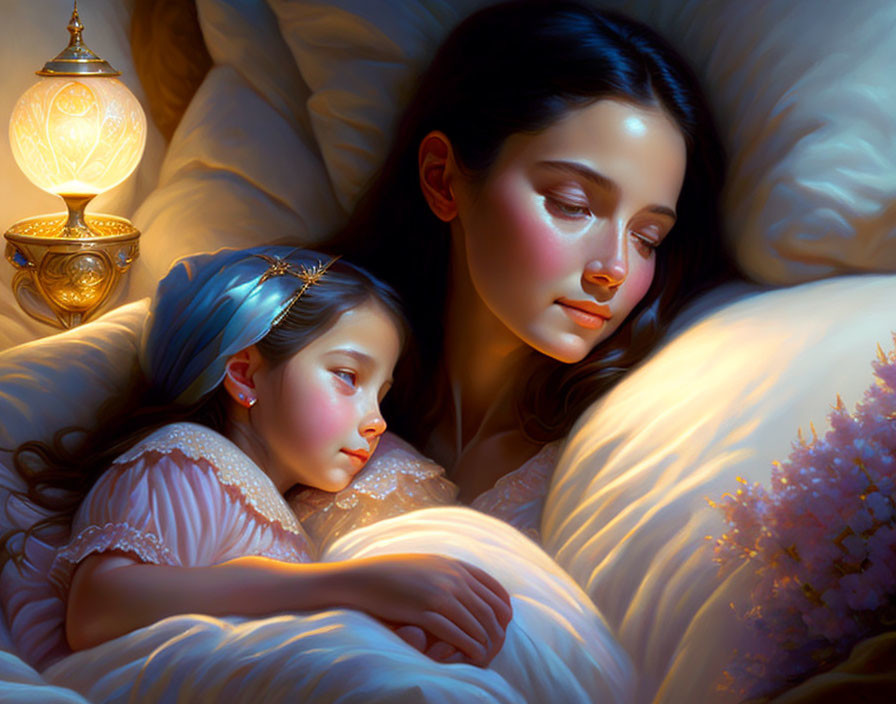 Tranquil illustration of a girl and woman sleeping peacefully