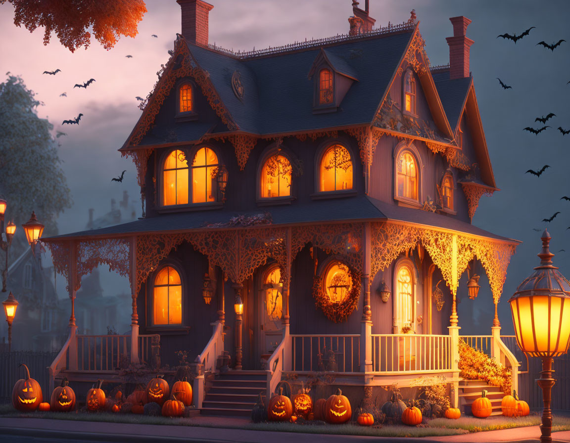 Ornate Halloween-themed house with pumpkins, cobwebs, and bats