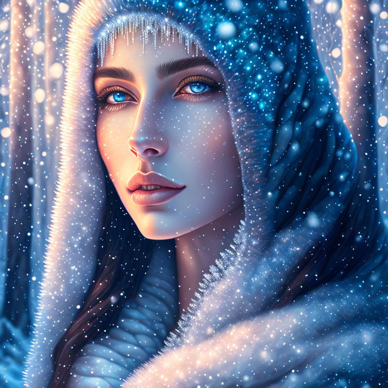 Woman in snowy aura with fur-lined hood and blue eyes in winter scene