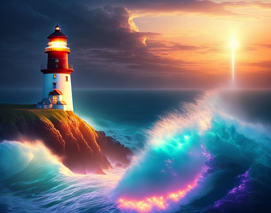 Colorful neon-lit waves crash at vibrant lighthouse at sunset