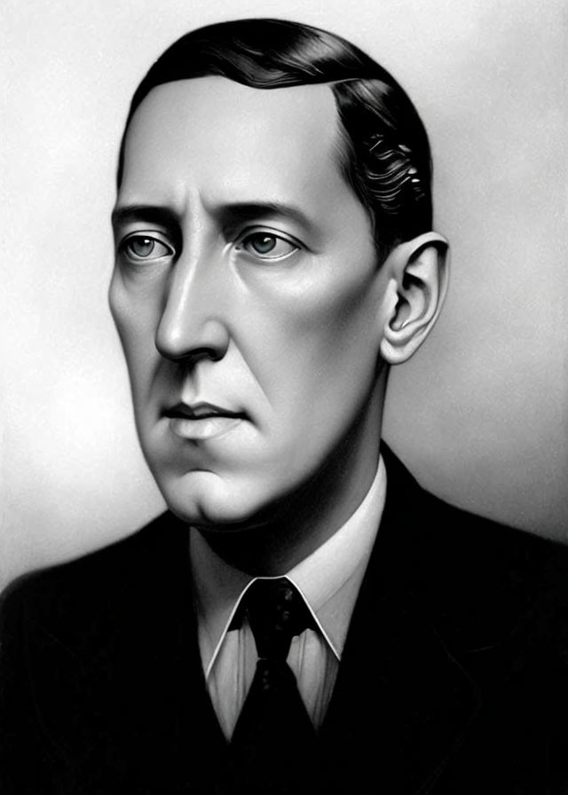 Monochrome illustration of a serious man in suit and tie