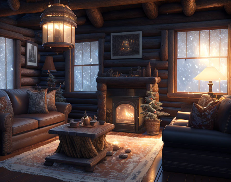 Warm Log Cabin Interior with Fireplace, Sofas, Lamp, and Christmas Decorations