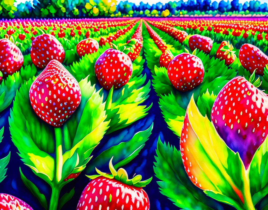 Vibrant painting of strawberry plants with colorful flowers