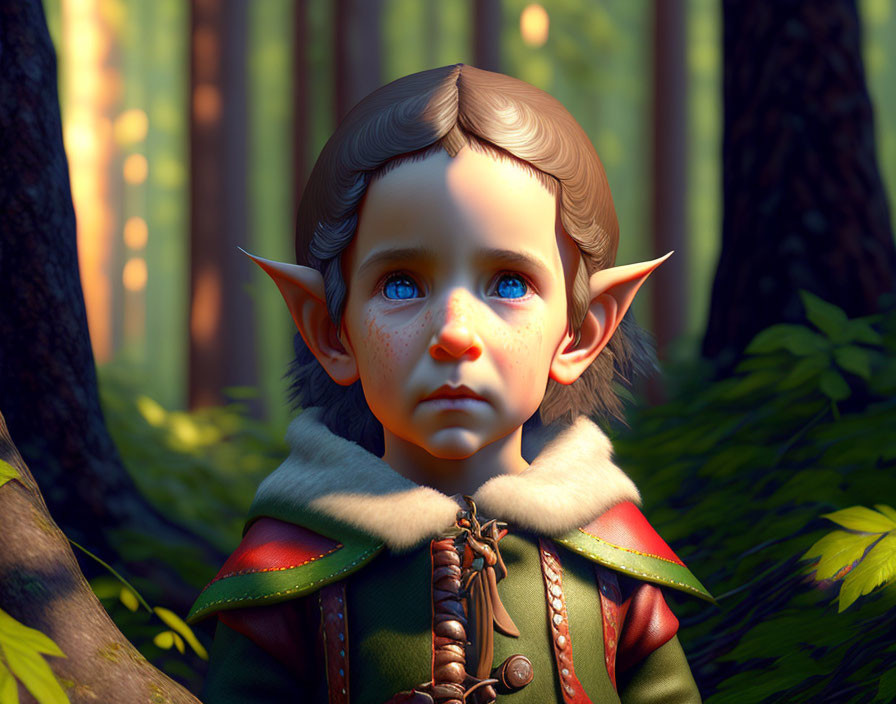 Young elf with pointed ears and freckles in green and red outfit in sunlit forest