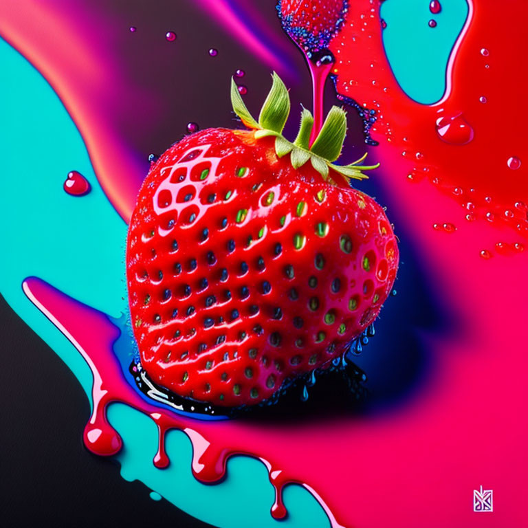 Colorful Strawberry with Water Droplets on Vibrant Background