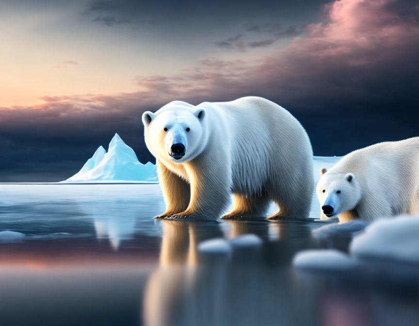 Polar bears on icy surface with sunset and iceberg