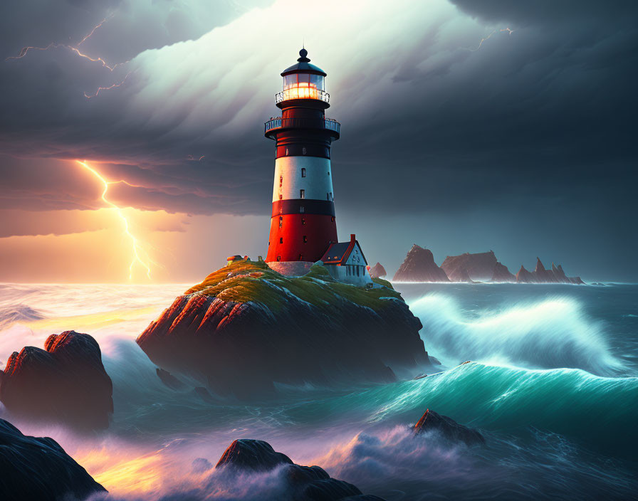 Stormy seas lighthouse on rocky cliff with lightning sky