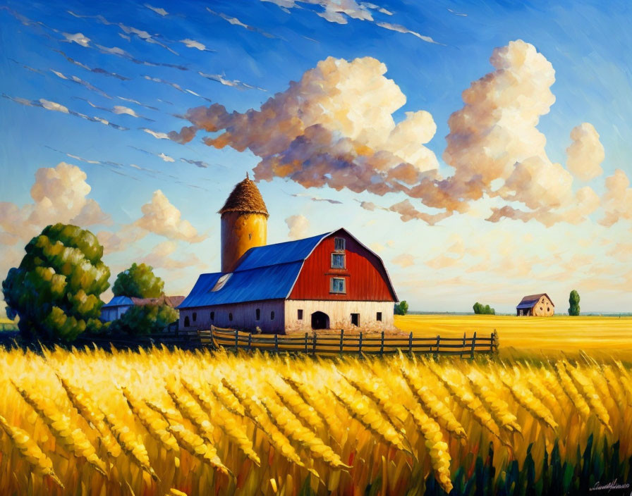 Colorful painting of red barn, blue roof, wheat field, blue sky with fluffy clouds