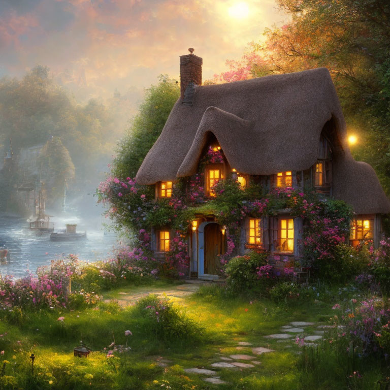 Thatched cottage with pink flowers, river, and sunset light