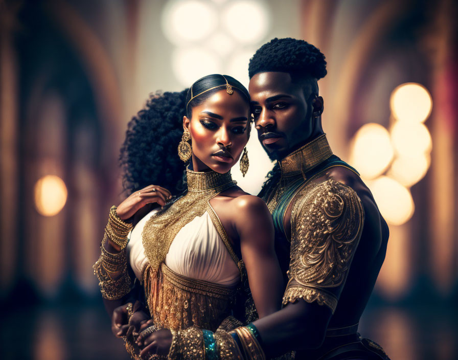 Regal couple in golden-trimmed attire against ancient architecture.