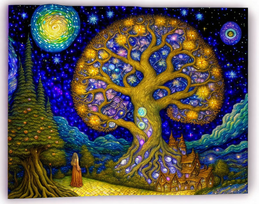 Colorful painting of woman by glowing magical tree and castle under starry sky