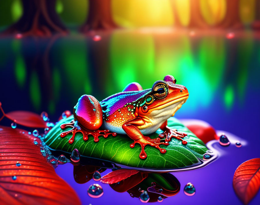 Vibrant frog illustration on leaf with water droplets