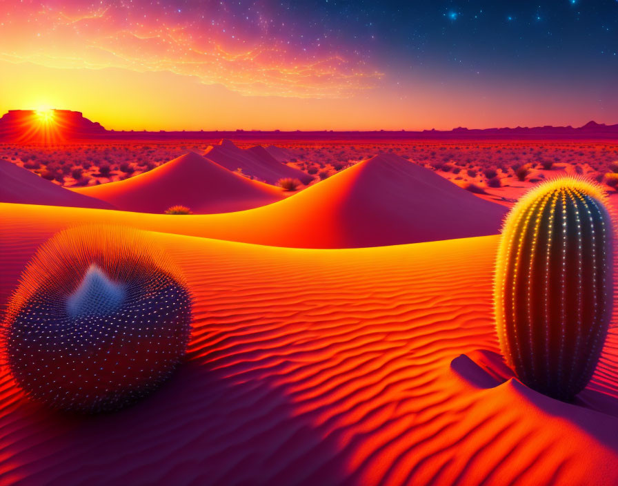 Colorful sunset desert scene with sand dunes, cactus, and starry sky.