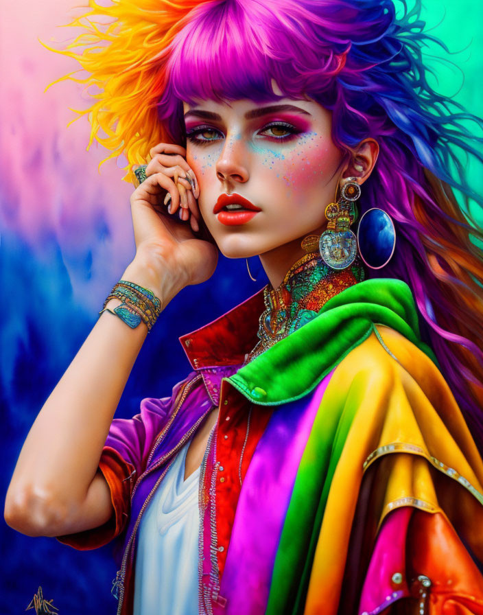 Vibrant character portrait with rainbow outfit and pink hair pose