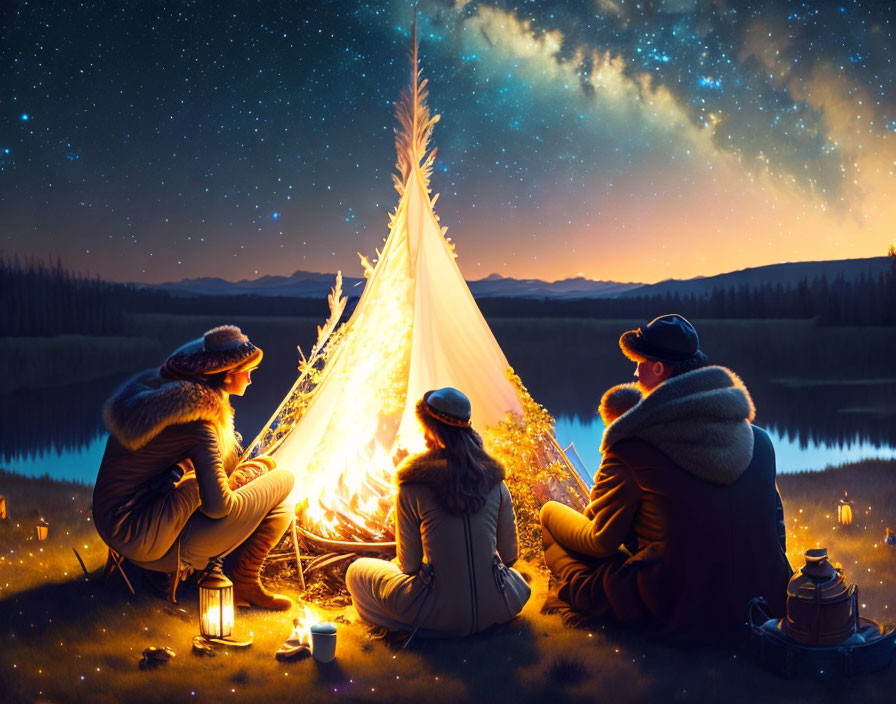 Three people by a campfire near a tent under a starry twilight sky