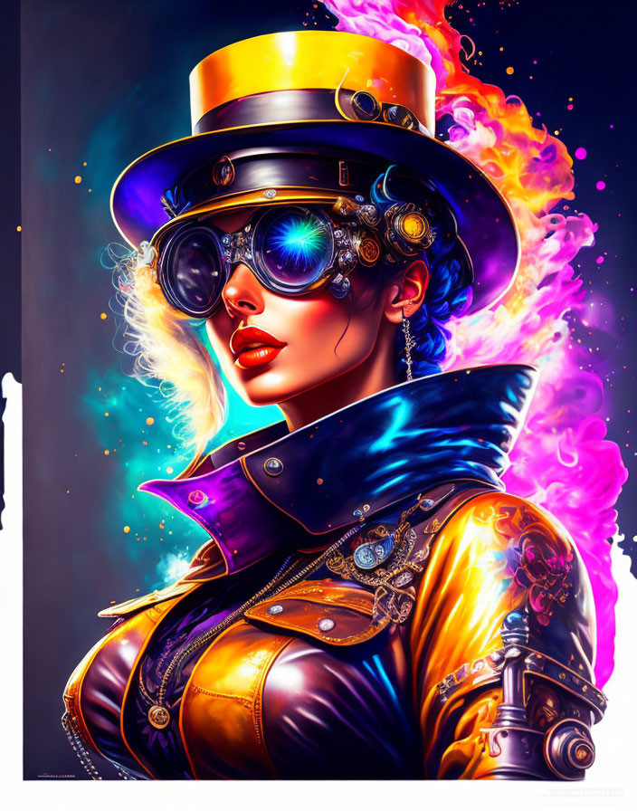 Digital Artwork: Woman in Steampunk Attire with Top Hat and Goggles