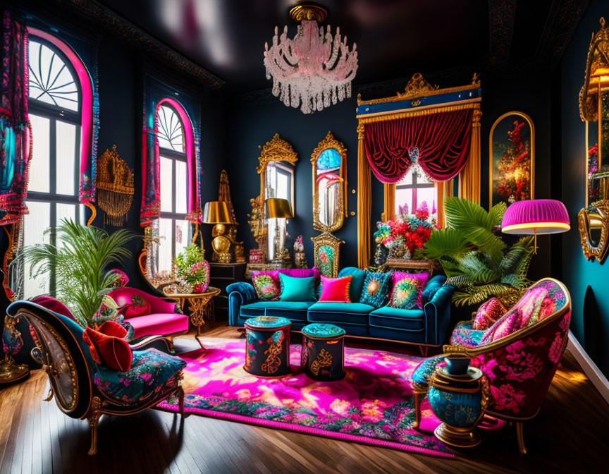 Opulent Bohemian Room with Vibrant Colors and Ornate Decor