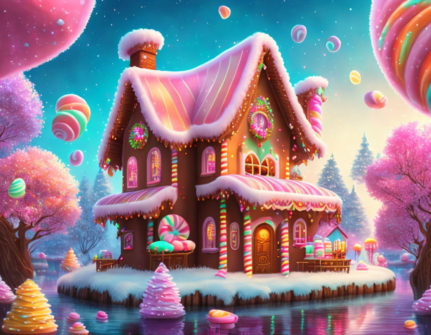 Candy-themed house in winter landscape with floating bubbles