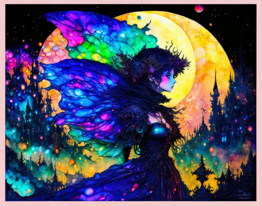 Colorful fairy with iridescent wings under full moon in mystical forest