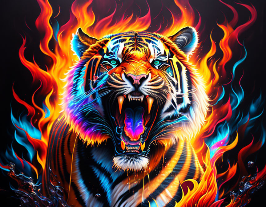 Roaring tiger digital artwork with orange and blue flames on black background