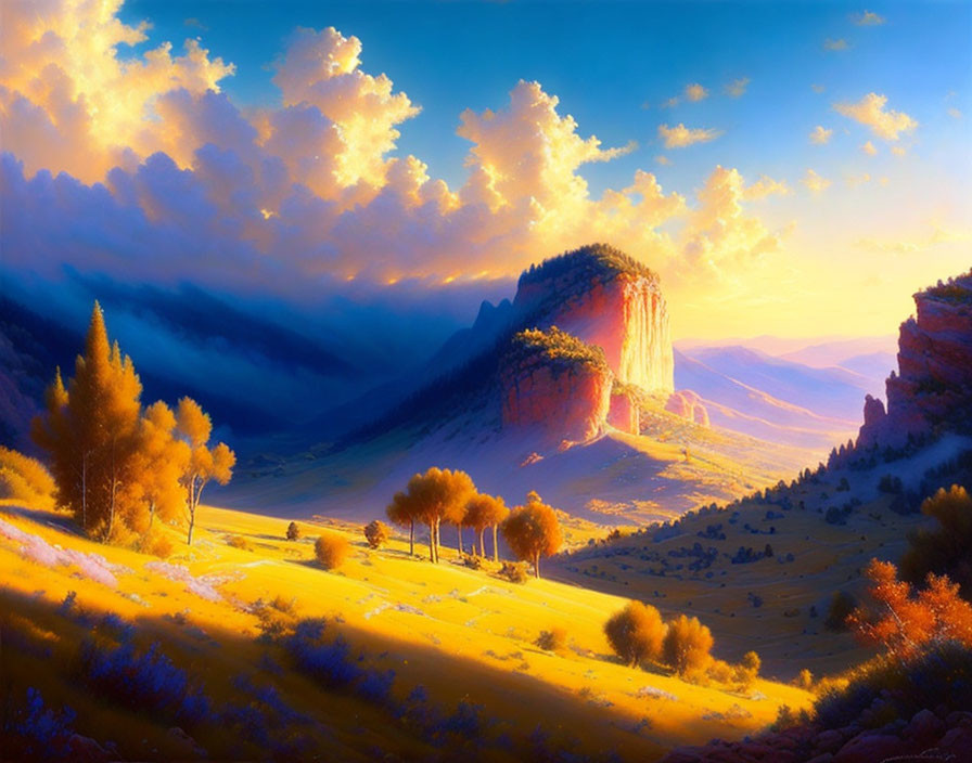 Vibrant digital art landscape of sunlit valley with cliffs and dramatic sky