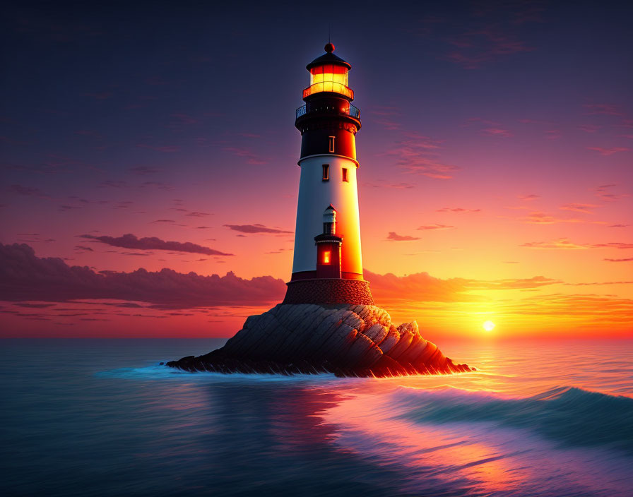 Lighthouse on rocky outcrop beaming light at vivid sunset.