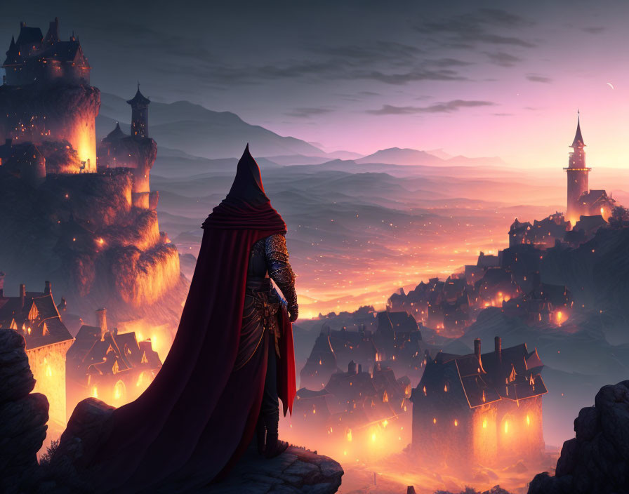 Cloaked figure gazes over medieval fantasy city at twilight