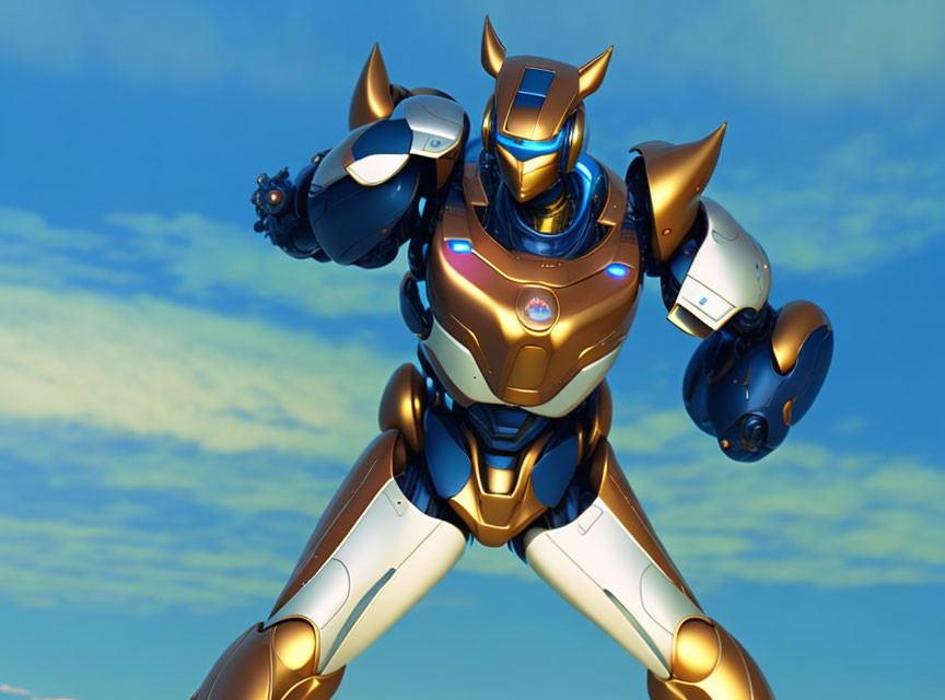 Futuristic blue and gold robot against blue sky background