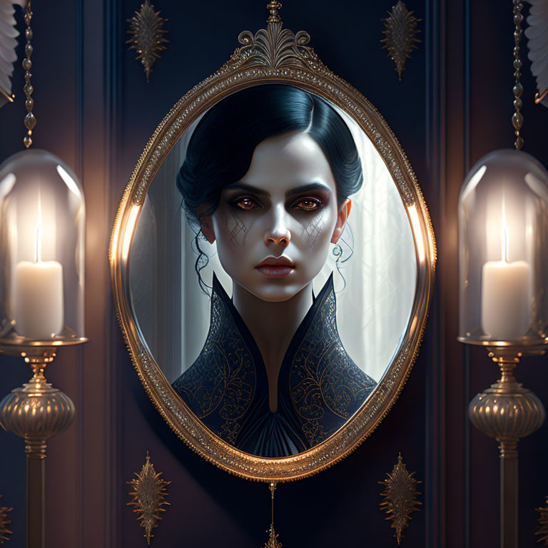 Dark-haired woman with striking makeup in ornate mirror and candle sconces in gothic setting