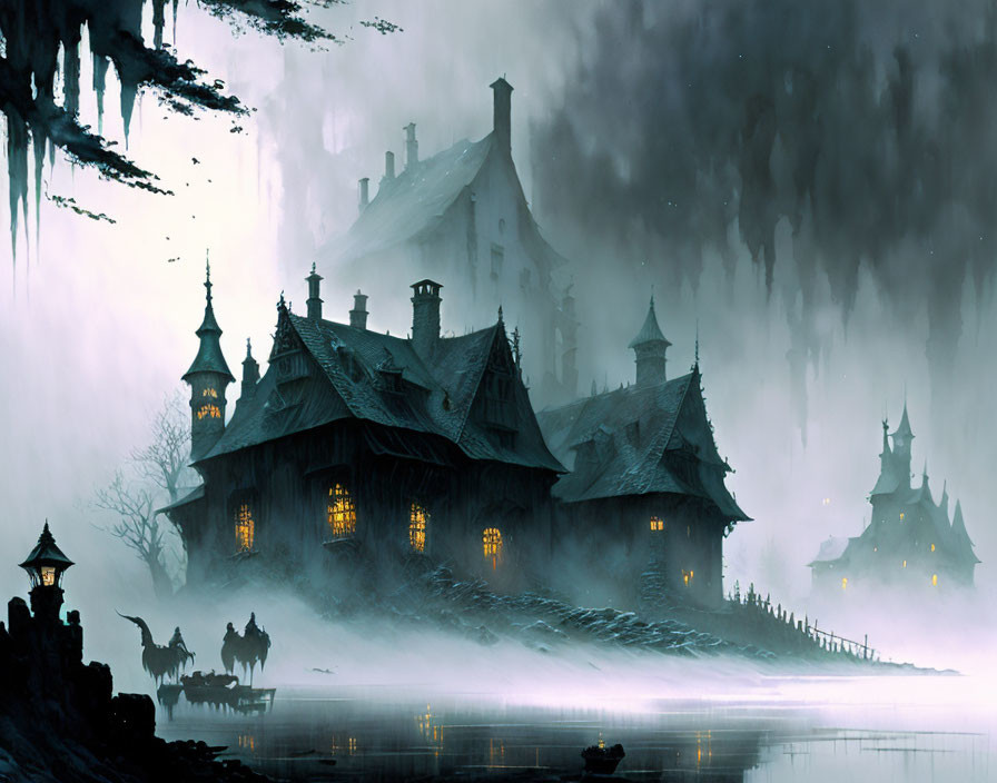 Gothic village with fog, horse-drawn carriage, twilight sky