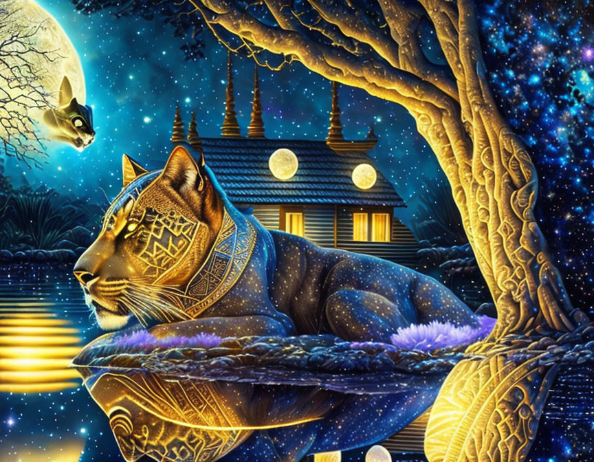 Golden jaguar under tree with temple and full moon in mystical illustration