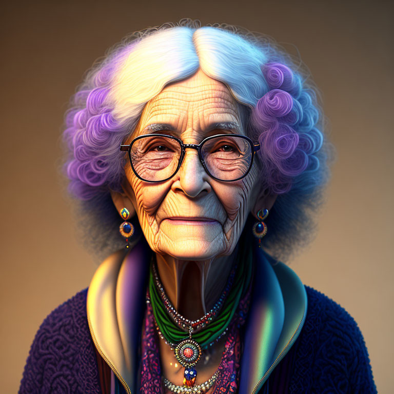 Elderly Woman with Glasses, Purple Hair, Colorful Jewelry