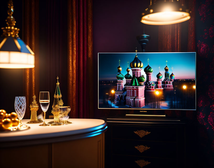 Luxurious interior with Saint Basil's Cathedral on TV, elegant decor, wine glasses, golden ornament